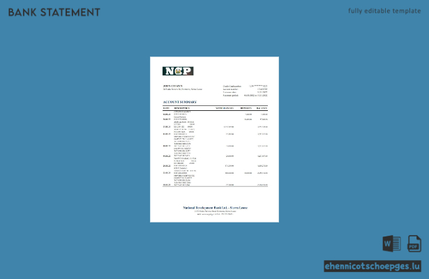 Beispiel-Excel-Vorschau eines Kontoauszugs der Sierra Leone National Development Bank